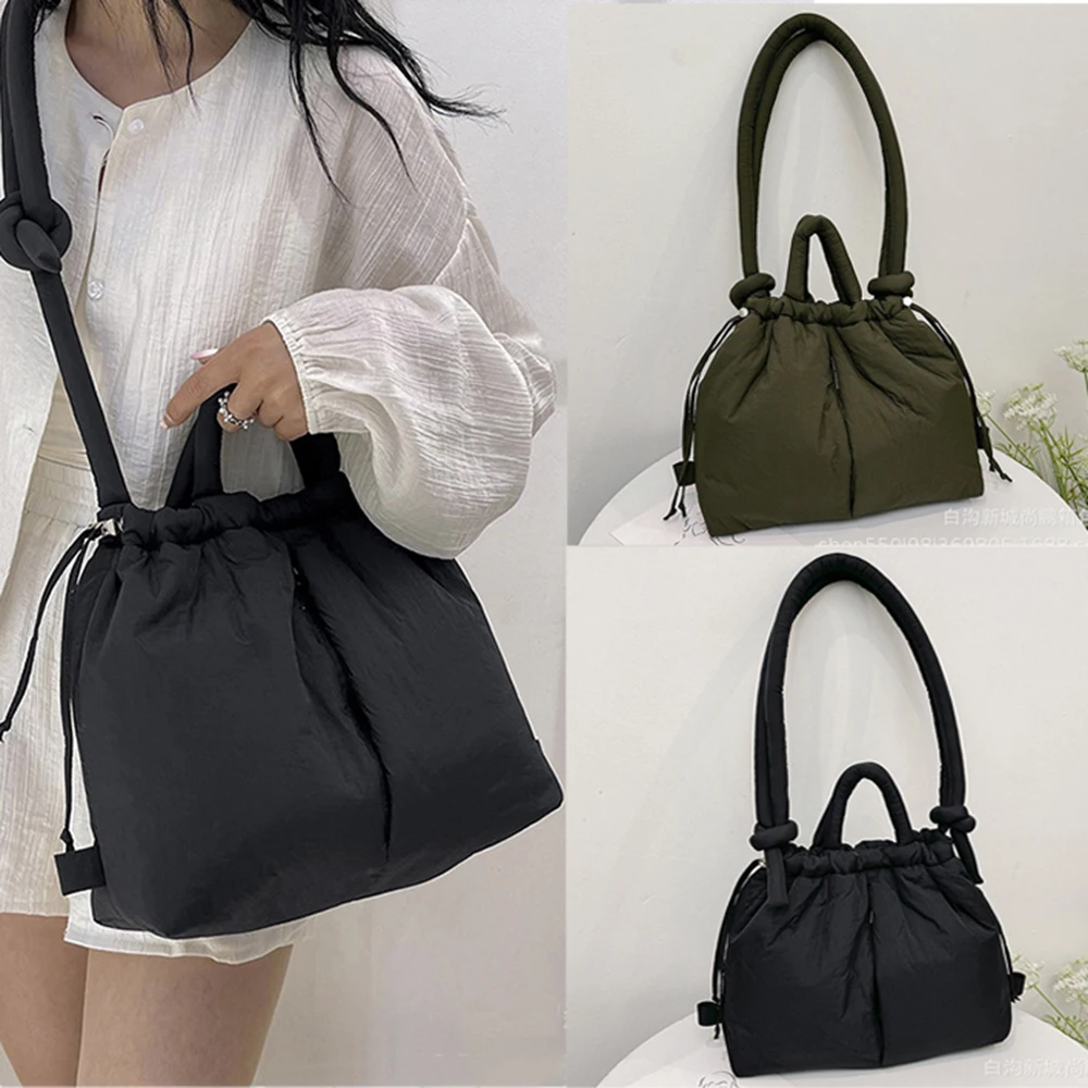 Hot New Nylon Filled Cotton Bag Shoulder Bag Portable Knotted Strap Solid Backpack Crossbody Bag Casual Large Capacity Women