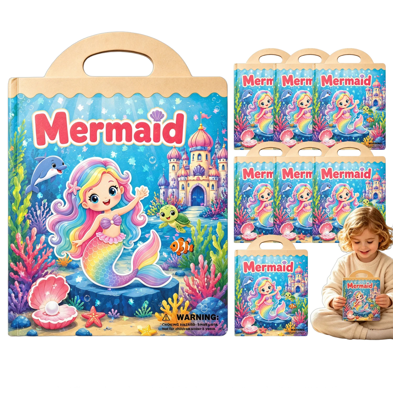 8Pcs Dreamy Mermaid Jelly Sticker Books, Reusable No-residue Portable Educational Toy, Cute Girls Travel Sticker Gift Set
