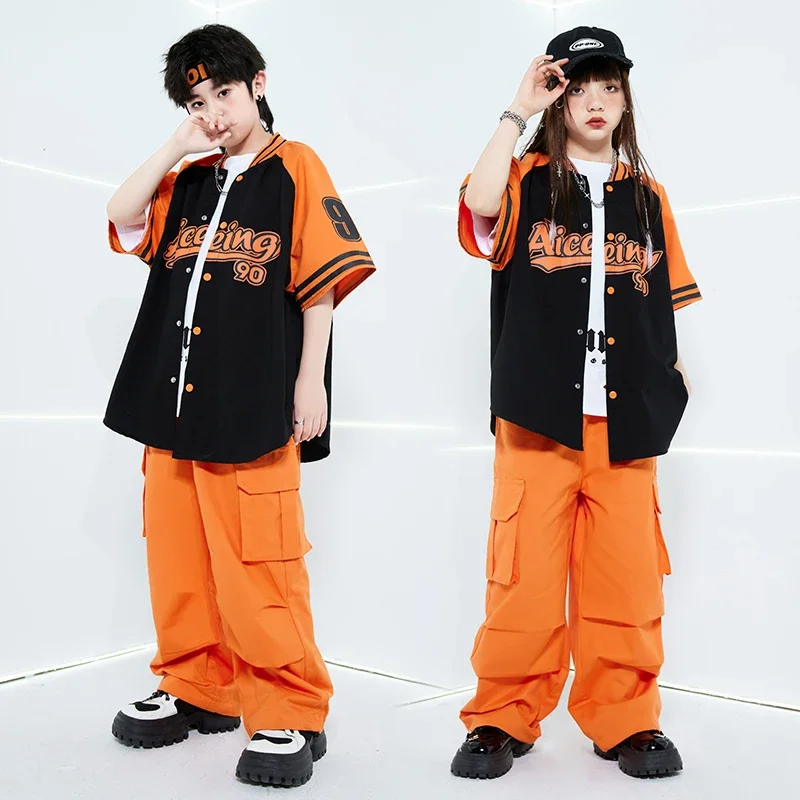 Hip Hop Jungen Orange Baseball Jacke Cargo Hosen Mädchen Streetwear Mantel Kinder Jazz Kleidung Sets Kinder Street Dance Kostüm