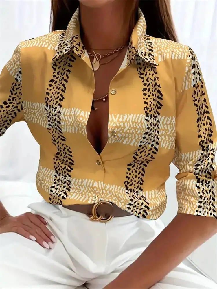 

Винтажная элегантная офисная модная рубашка большого размера с длинными рукавами и принтом на пуговицах, женская повседневная рубашка с лацканами