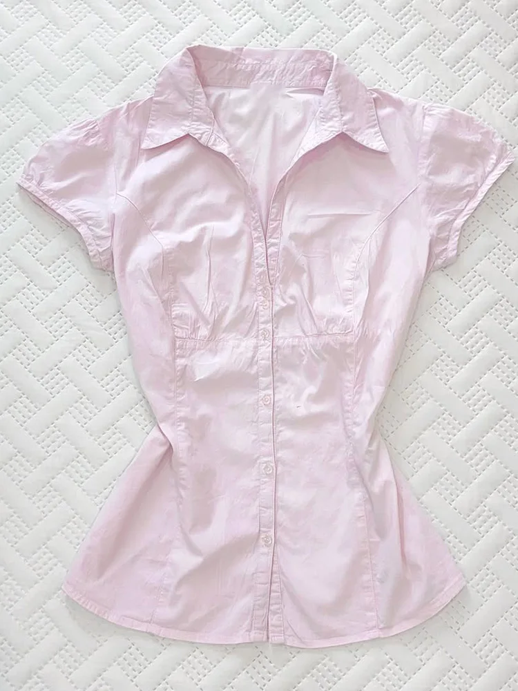 

Original Pink ort Sve Slimming Top Vintage Versatile Women's irt f Sp Girl Summer New Sle Cotton Blend Blouse