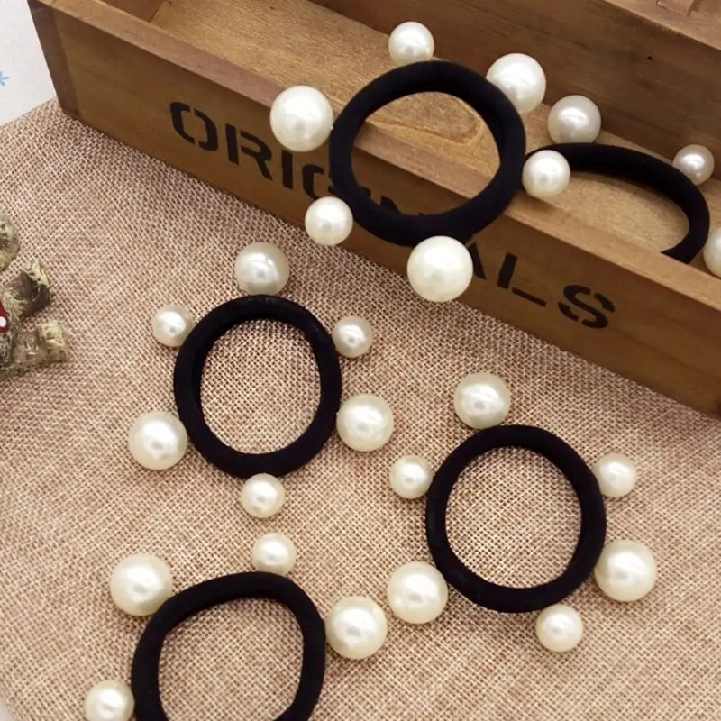 Women Bridal Elegant Elastic Rubber Band Pearls Beaded Hair Rope Thicken Towel Ponytail Holder Scrunchies Hair Accessory