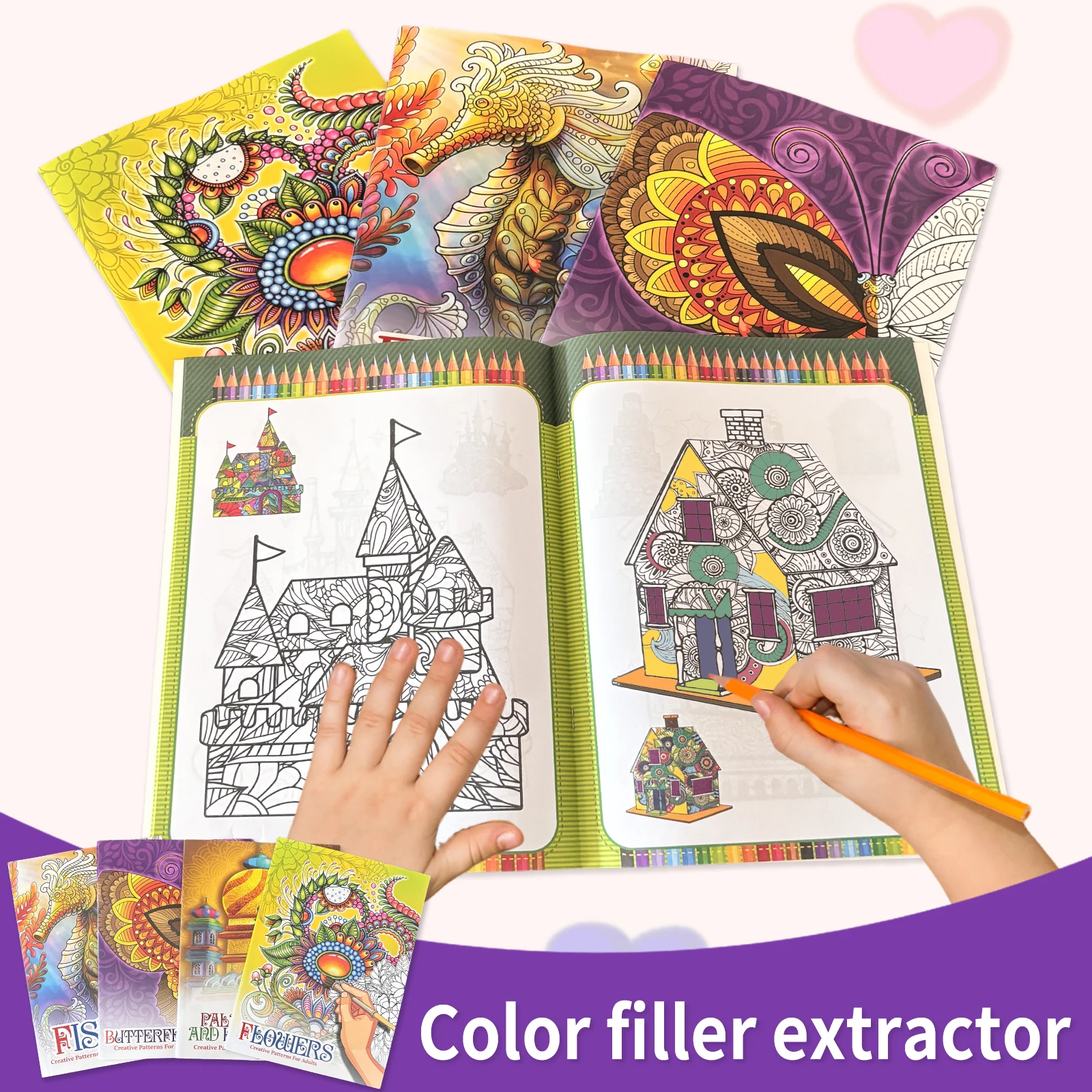 Adult Coloring Book With 4 Themed Creative Patterns Palaces Butterflies Fish And Flowers For Stress Relief And Mindfulness