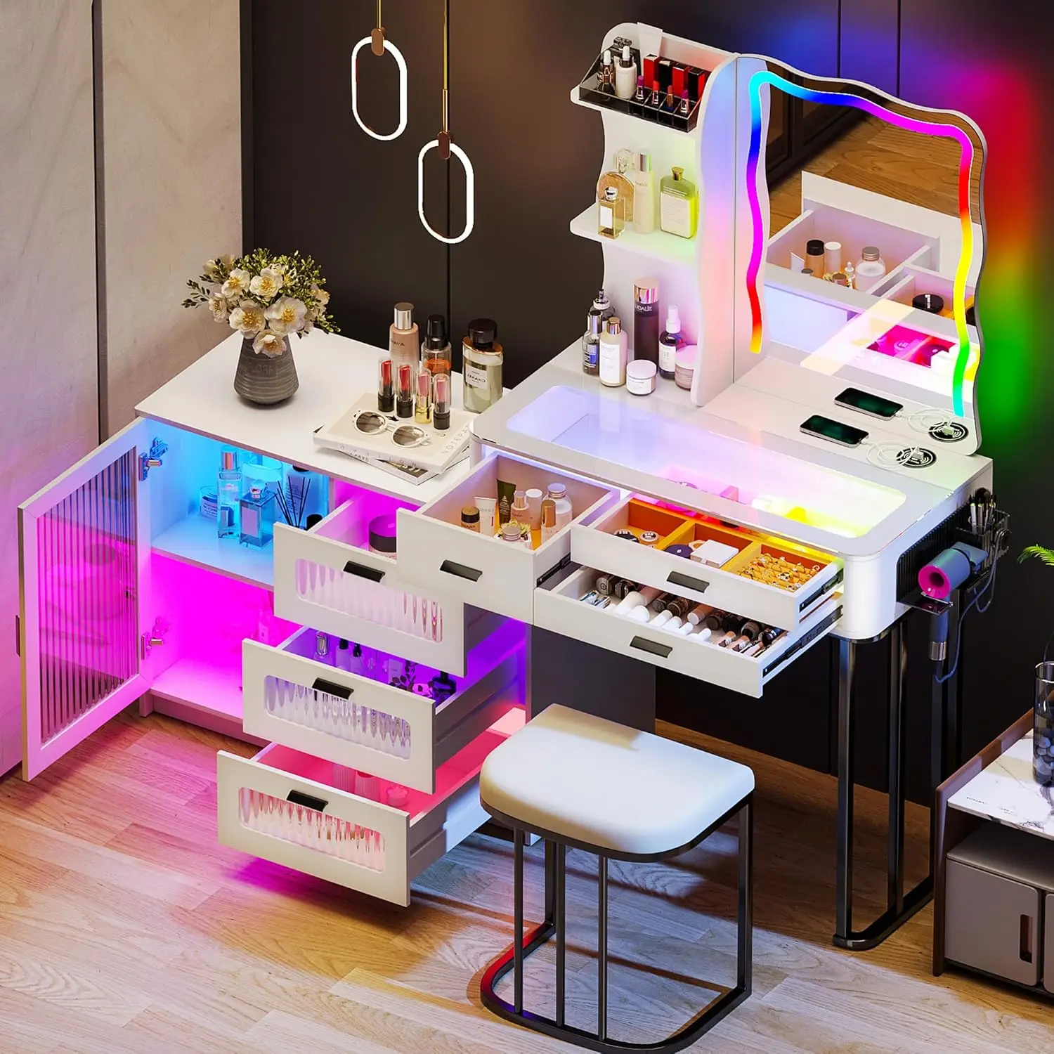 #Lighted Glass Top Makeup Vanity Desk Drawers Cushioned Stool Bedroom Dresser Color Dimmable Large Set Gift
