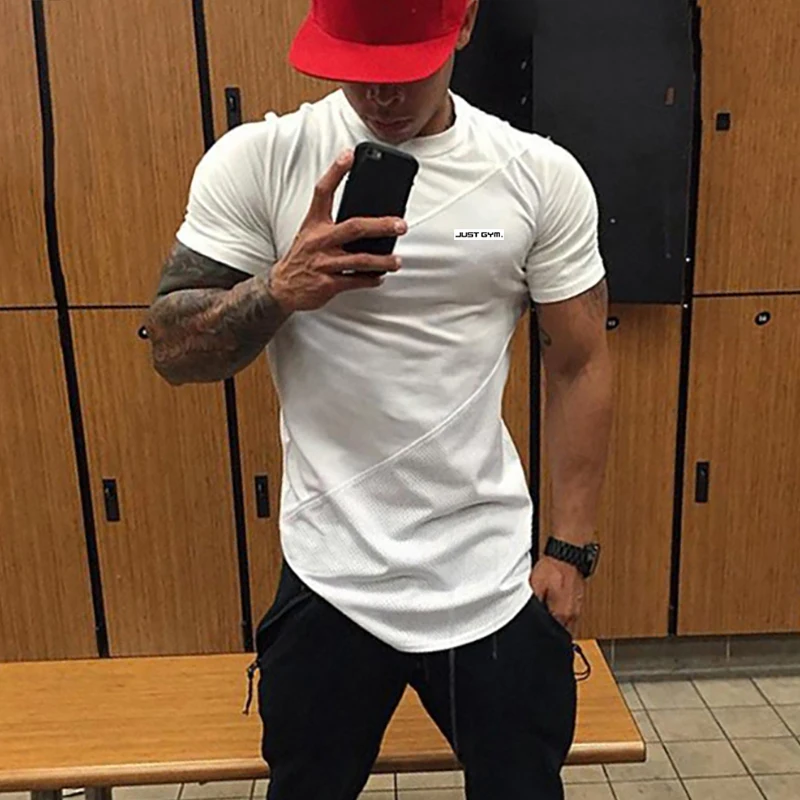 Summer Mens new fresh Breathable Patchwork Bodybuilding Short-sleeve tranning Clothing Cotton and mesh paneling Fitness T-shirt