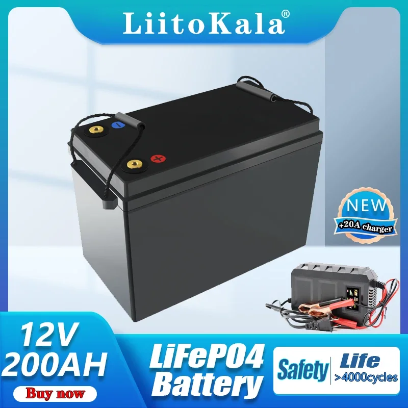 

LiitoKala 12V 12.8v 200AH lifepo4 battery for go cart UPS Household appliances Inverter Golf cart with 14.6V 10A charger