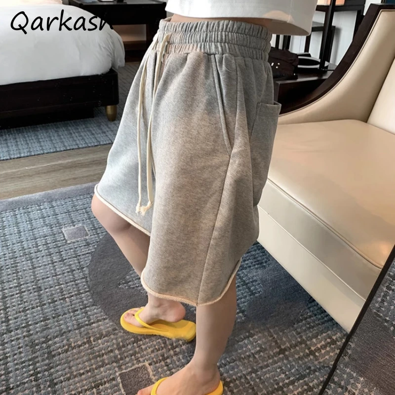 

Cotton Rolled Hem Shorts for Women Summer Elastic Waist Wide Leg Opening Home Slim Casual Mid-length Korean Style Chic Solid