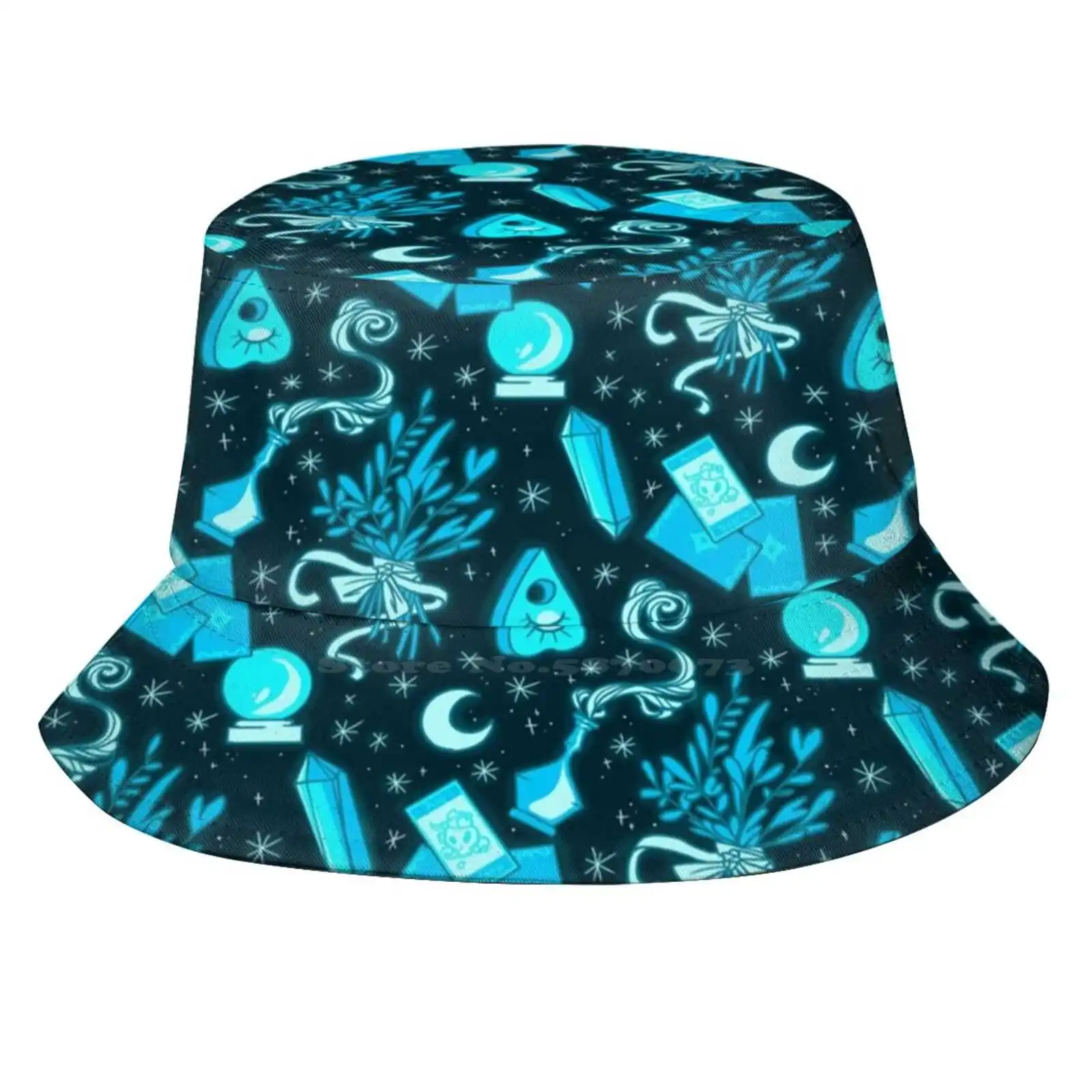 Blue Neon Sun Cap Fisherman Hat Bucket Hats Neon Blue Magic Witchcraft Zapatrax Potion Ouija Plant Pattern Tarot Moon Crystal