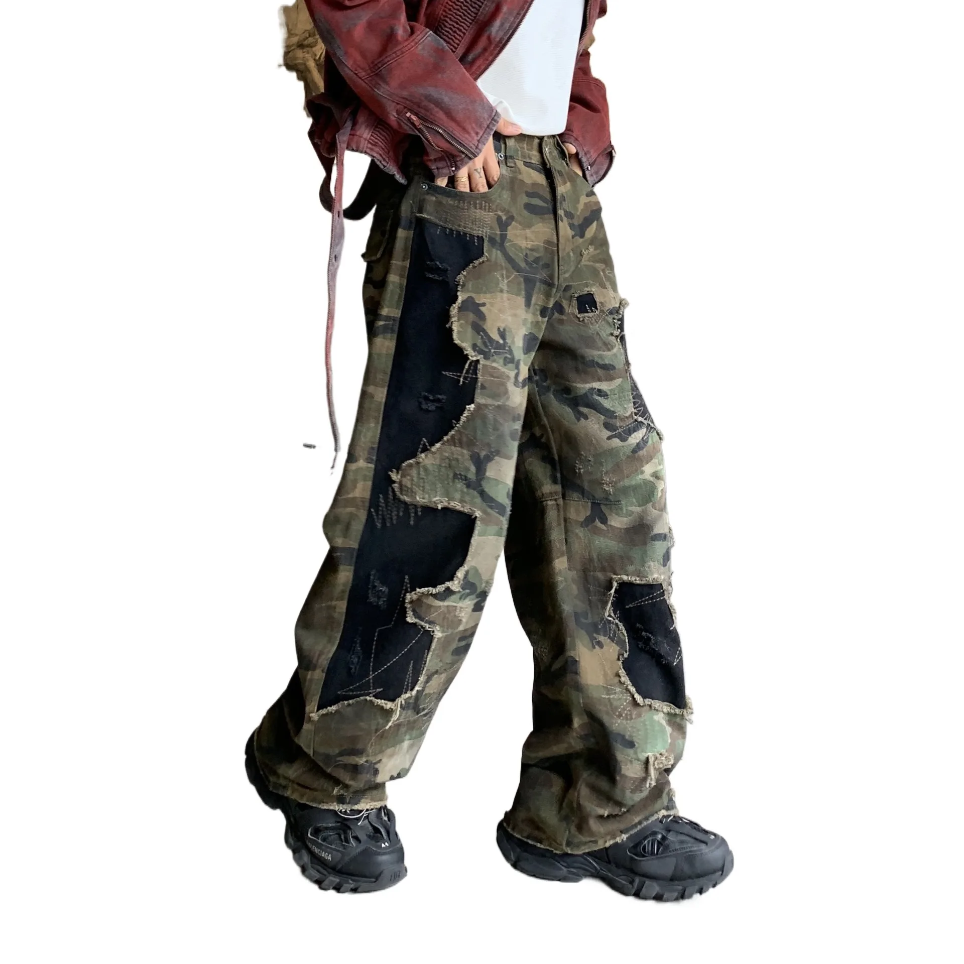 Men's Vibe Style Oversized Hip Hop Jeans Pants With Patchwork Fashion High Street Camouflage Denim Trousers Loose Fit Y2K Jeans