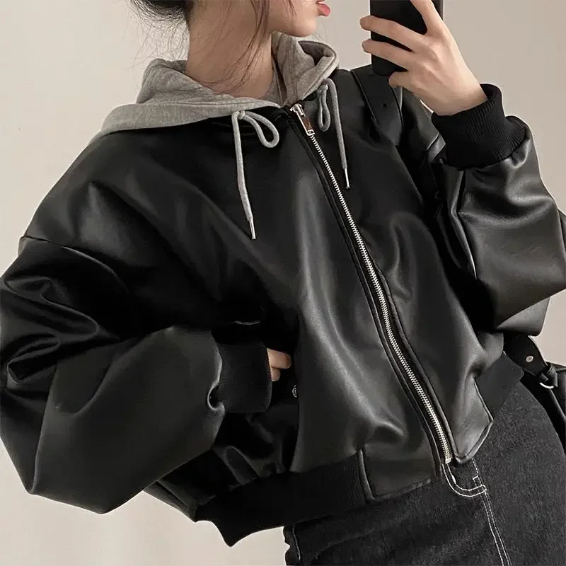 

Spring Autumn Korean PU Jackets Fashion Solid Color Hooded Patchwork Loose Leather Jackets Women Fashion Faux Leather Coats