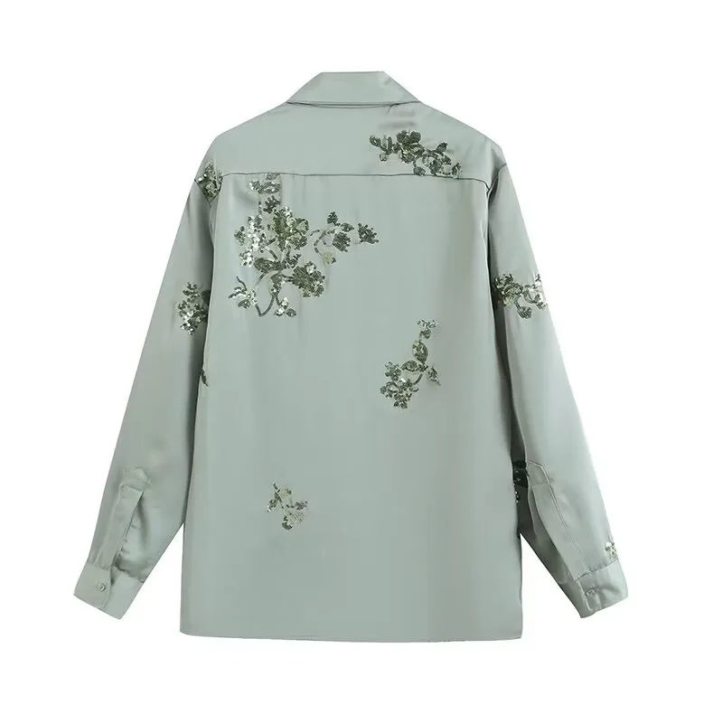 Women 2024 New Fashion Sequined Satin Blouse Vintage Long Sleeve Button Up Female Shirts Blusas Chic Top