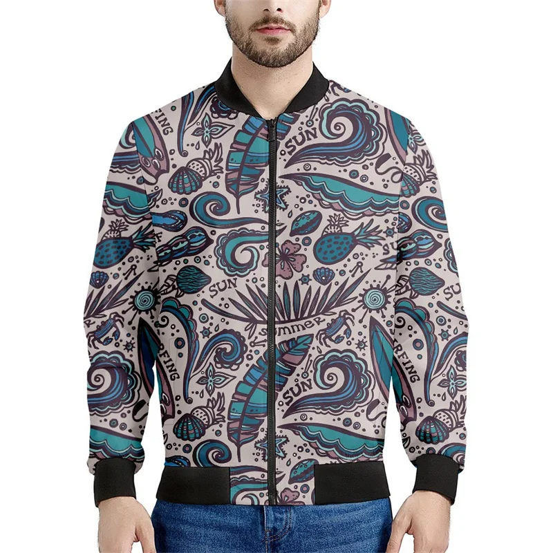 Vintage Ocean Wave Pattern Zipper Jacket For Men Feather Peace Bus 3D Printed Long Sleeves Casual Loose Jackets Streetwear Coat