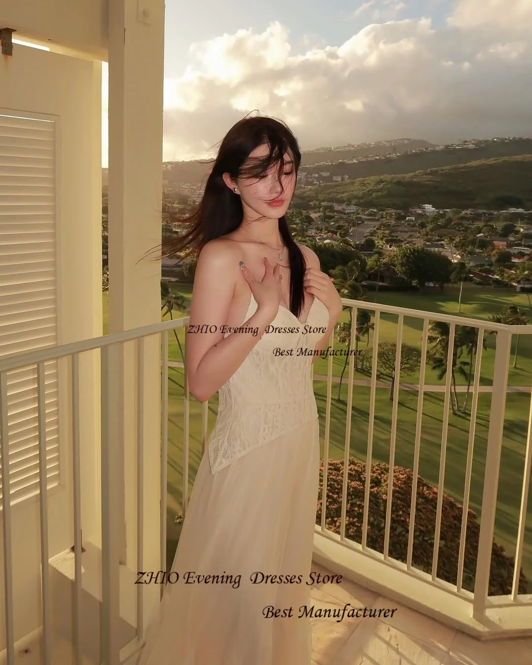 ZHIO Beige Tulle and Lace A Line Sweetheart Korean Wedding Dress Photoshoot Sleeveless Floor Length Formal Bride Gown with Pleat