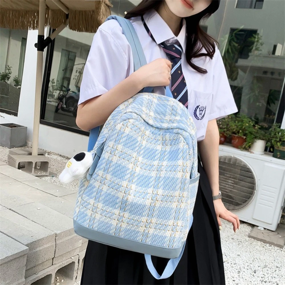 

Retro Schoolbags Women's Backpack Large Capacity Woolen Cloth Plaid Backpack Zipper Student Backpack Outdoor