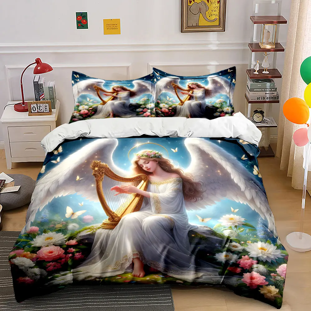 Angel playing harp with flowers Pattern Duvet Cover Set Digital Print Colorful Polyester Bedding with Zipper Closur for gifts