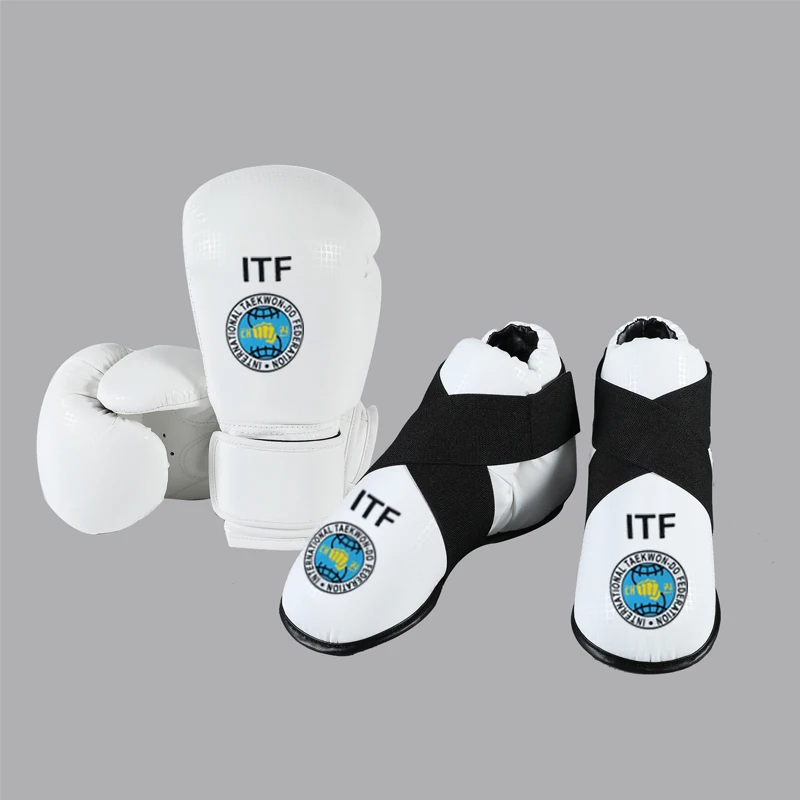 Luvas de taekwondo itf, couro pu, treinamento de karatê, pé e perna, capas protetoras, almofadas de tornozelo, equipamento de proteção, logotipo impresso
