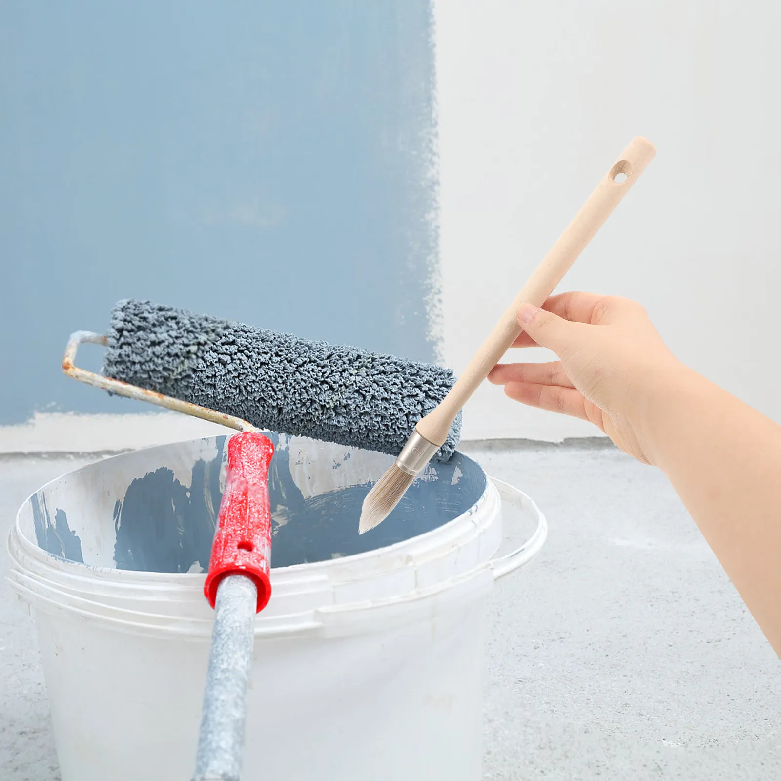 Small Round Paint Brush Wooden Handle Chemical Fiber Bristles Ergonomic Comfort Grip for Painting Cleaning DIY Art Craft
