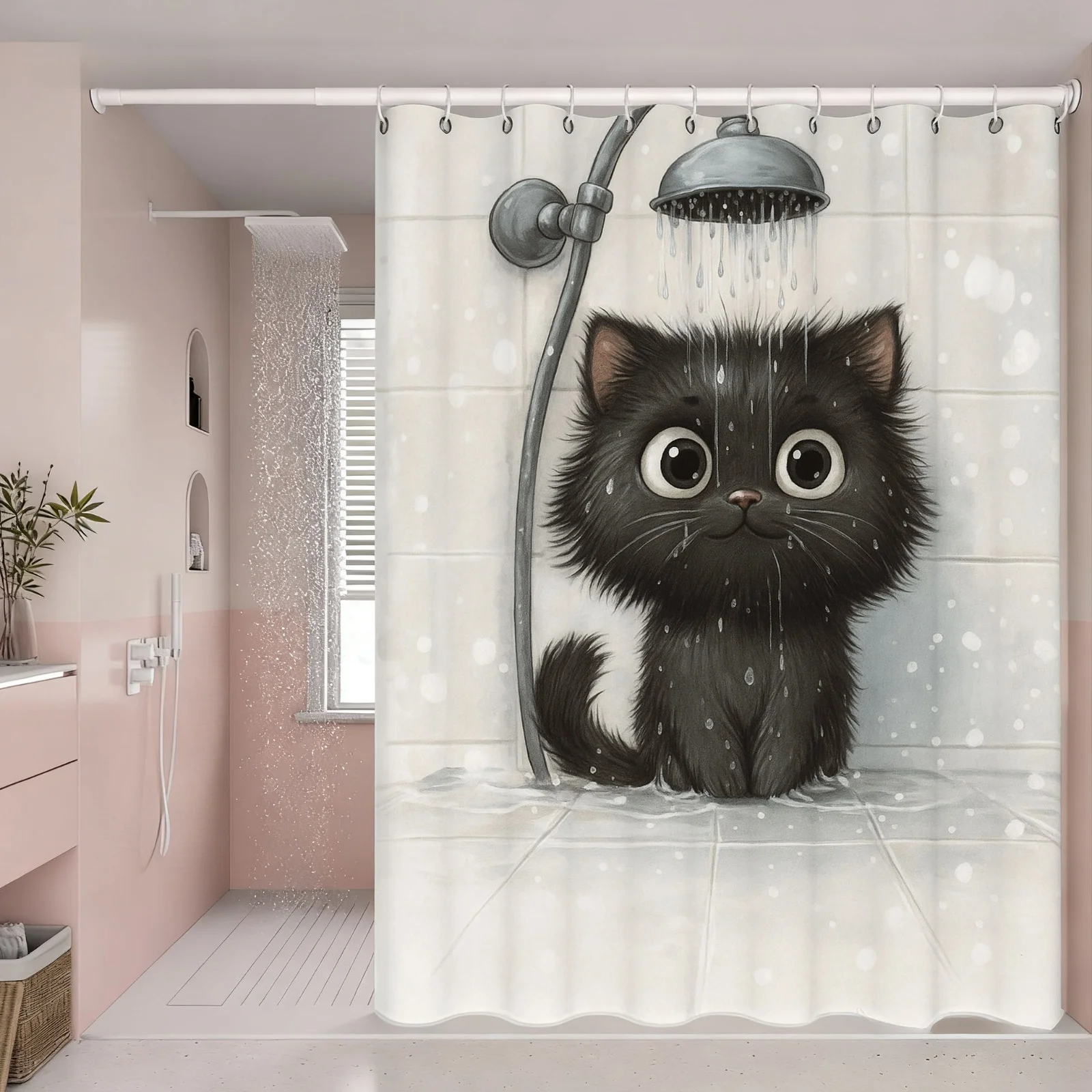 Cute Big Eyes Black Cat Shower Curtain, Watercolor Fluffy Kitten Under Shower Print Waterproof Bath Curtain for Bathroom Decor view 4