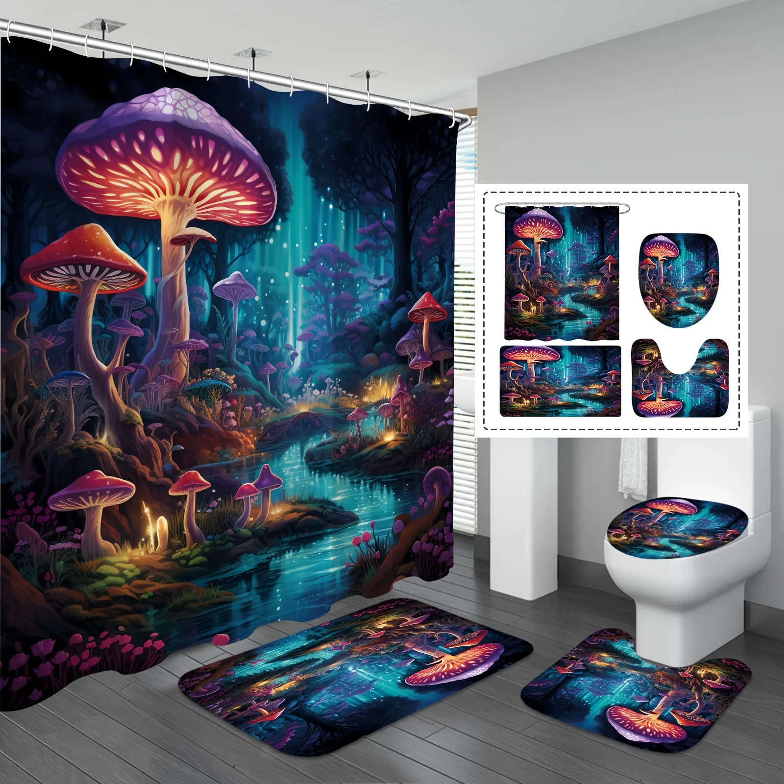 Mystical Moonlight Forest Shower Curtain and Mat Glowing Mushroom Bathroom Decorative Floor Mat, U Shape Mat, Toilet Seat Mat