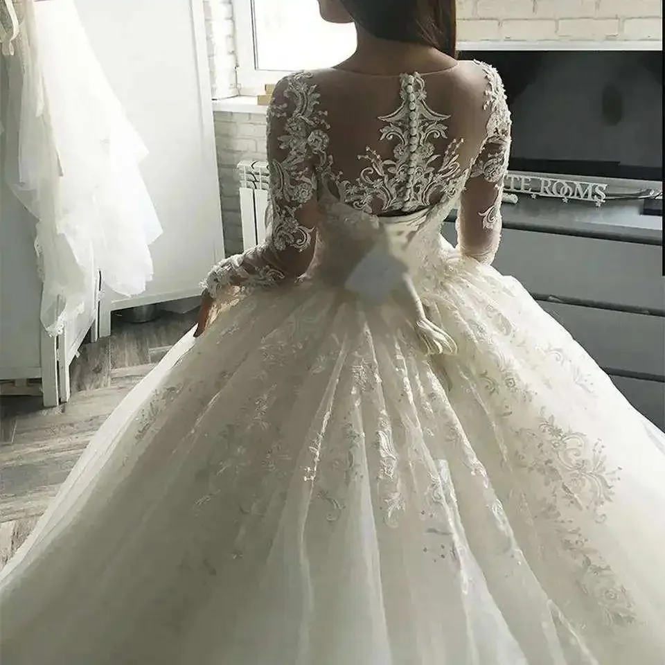 Customized New Scoop Neck Heavy Appliques Ballgown Wedding Dress Vestido Noiva Casamento Long Sleeves Puffy Buttons Back Brid