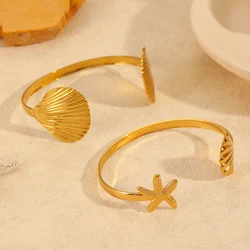 Fashion 18K Gold Color Sea Star With Shell Bangle Stainless Steel Personalized Summer Beach Daily Jewelry