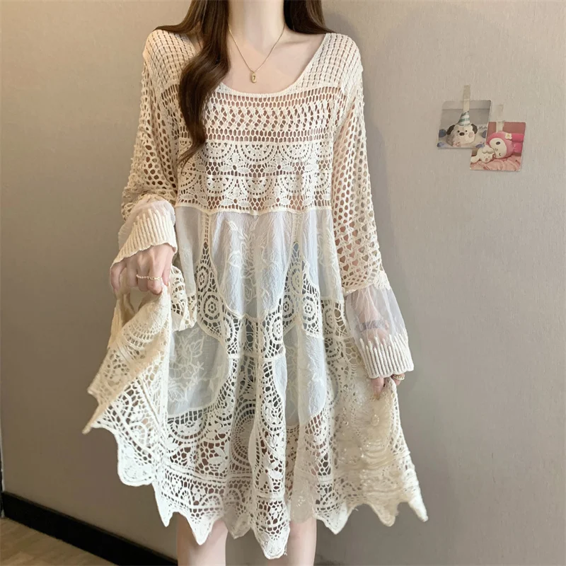 

Vintage Knit hollow out loose Elegant Chic Slim Pleated Dress French Evening High Street Plus Size Clothing bohemian dress