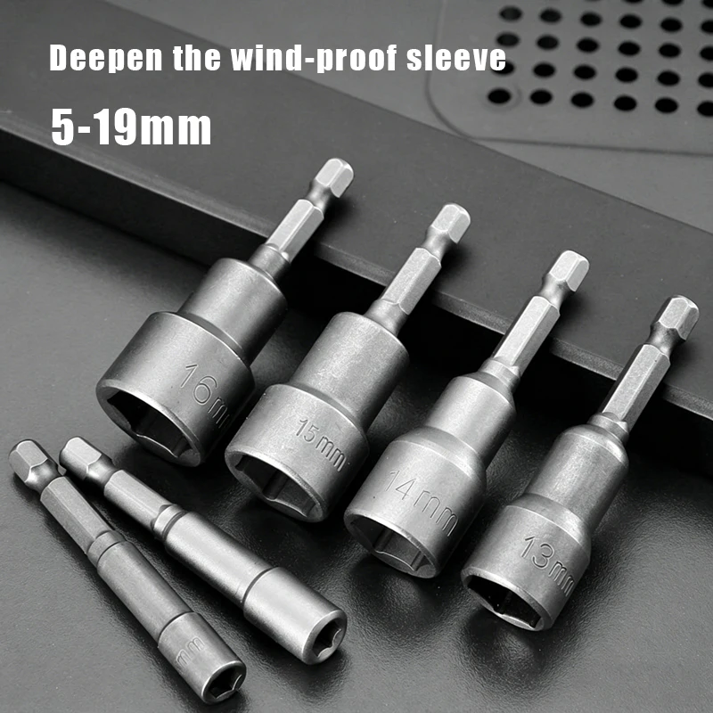 1Pc Deepened 30mm 1/4'' Hex Socket 5-19mm Nut Driver Magnetic Socket For Electric Impact Nut Bolt Screwdriver Drill Bits Removal