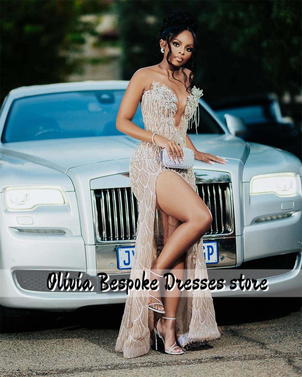 Strapless Ebi Style Rhinestones Prom Dresses High Split Luxury Gowns Elegant Evening Dress Wedding Party Mermaid Customized