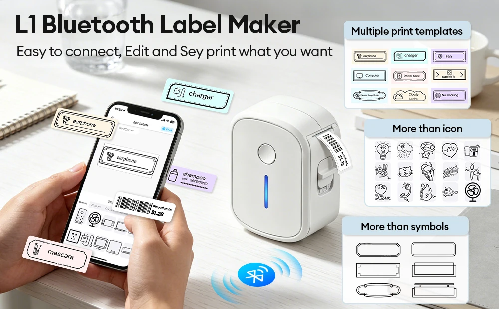 Portable Mini Label Printer Bluetooth Inkless Self-adhesive Thermal Labels Printer Sticker Maker Adhesive Mini Labeling Machine