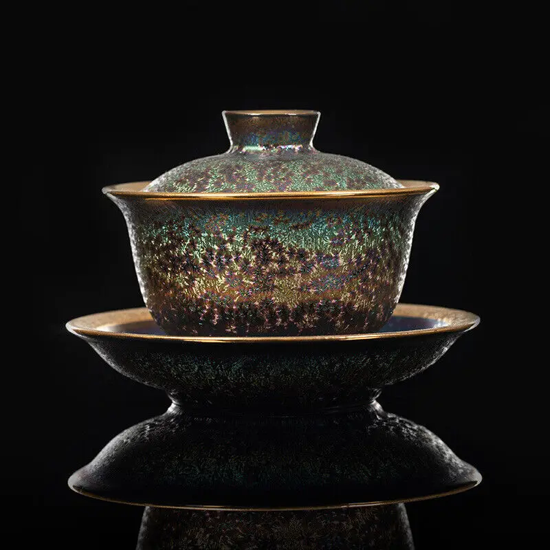 Ceramic Gilding Gaiwan Kiln Change Tureen Chinese Sancai Bowl With Saucer Lid