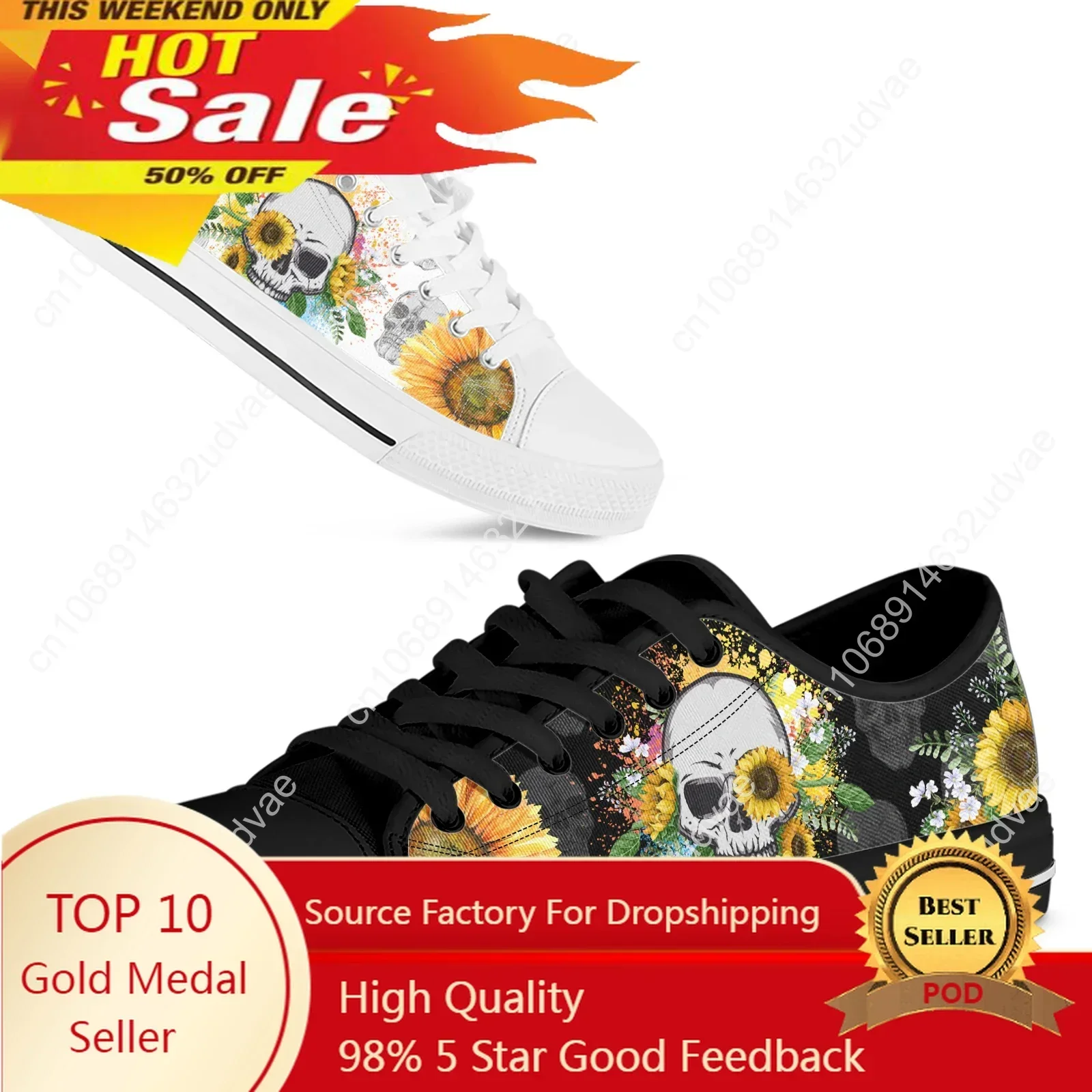 2023 Sunflower Skull Print Low-Top Canvas Shoes Women's Shoes Retro Girls Floral Sneakers Luxury Vulcanized Shoes Women