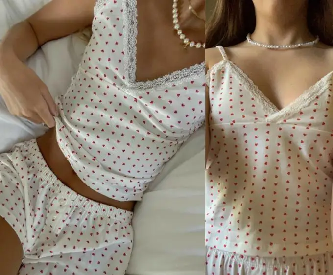 Women Heart Print Pajama Sets Trim Crop Camis High Waist Shorts Y2k 2 Piece Lace Pajama Harajuku Korean Home wear Sleepwear