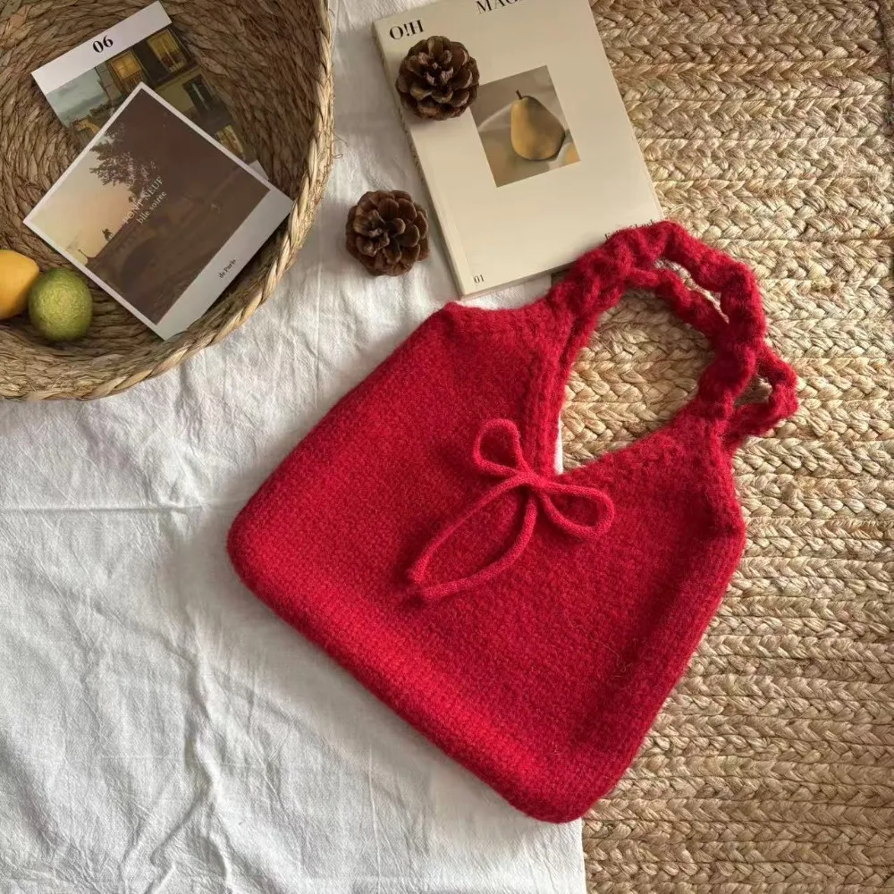 

Personalized Multicolor Bow Knitted Handbag Soft Cute Weave Woolen Bag Twists Large Capacity Knit Shoulder Bag Shopping Bag