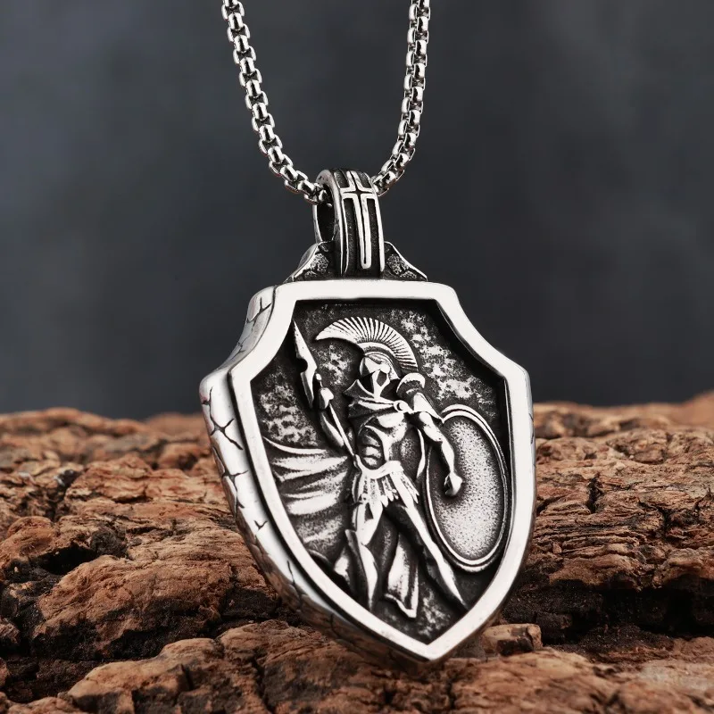 Vintage Carved Spartan Warrior Shield Pendant Necklace, Titanium Steel Ancient Greek War God Unisex Jewelry