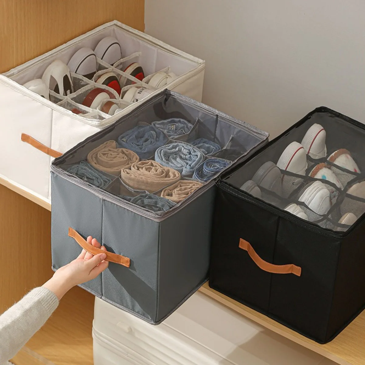 Shoe Organizer for Closet Foldable Shoe Box with Dividers Clear Cover Space Saving Shoe Storage Organizer Cabinet 16 pairs