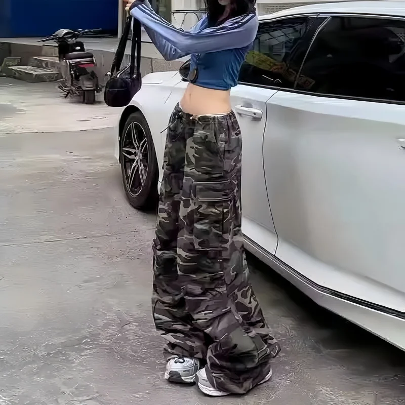 กางเกงคาร์โก้ลายพรางผู้หญิงทรงหลวมสไตล์ฮิปฮอปเอวสูงกางเกงสปอร์ตแฟชั่นลำลองสำหรับตั้งแคมป์และสตรีทแวร์