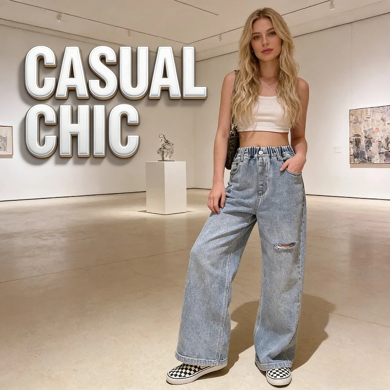 Spring 2026 Girls Fashion High Top Ripped Wide Leg Baggy Denim Pants Loose Hong Kong Style Straight