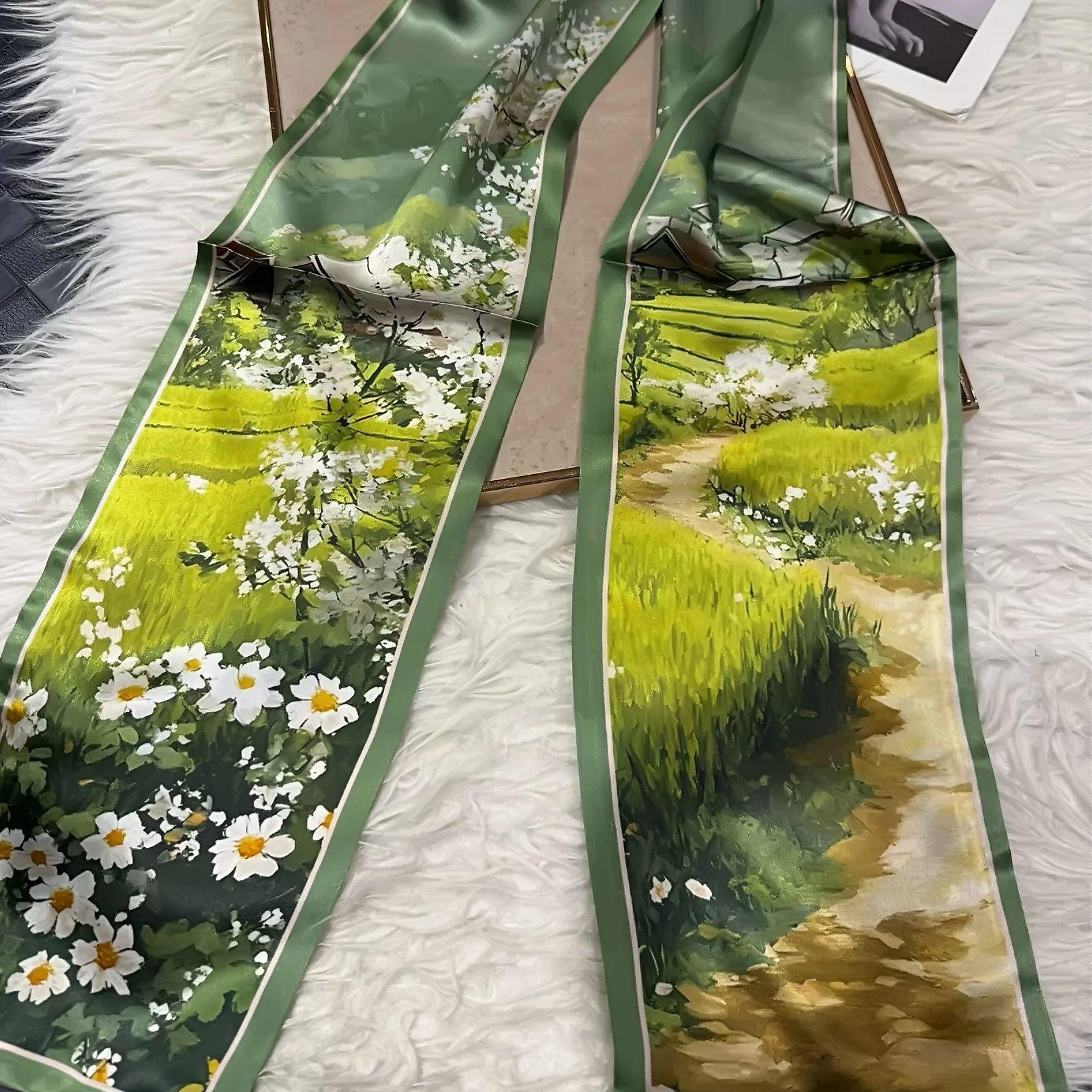 BYSIFA |   Grüner 100% Seidenschal Kopftuch für Frauen Neues Blumenmuster Lange Halstücher Hijabs Frühling Herbst Seidenschal für Haare