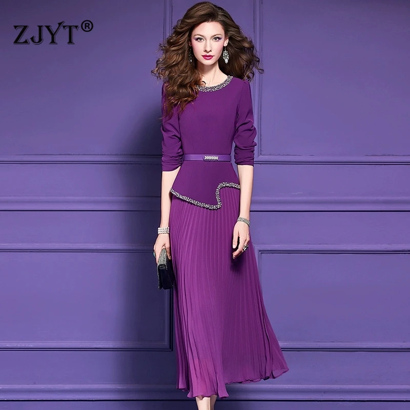 Zjyt elegante luxo diamantes plissado vestidos longos para mulheres festa noite manga cheia plus size roupas femininas 2025 outono novo