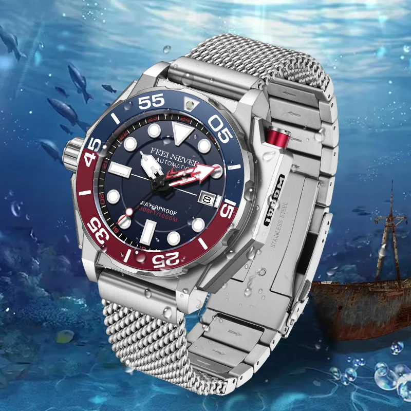 FeelNever Top Brand Luxury Mechanical Watch Business Casual Sports 316L Stainless Steel Luminous Waterproof Date Watches for Men