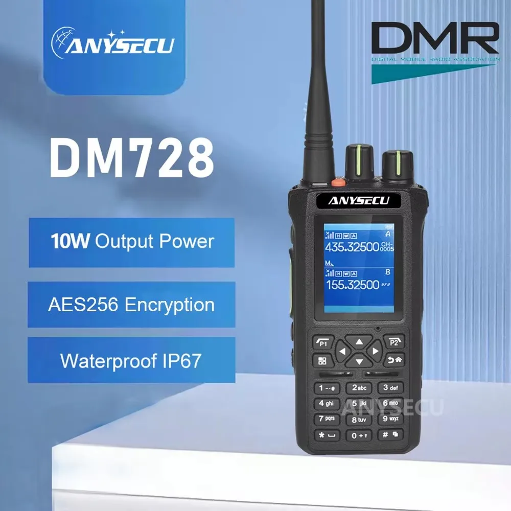 ANYSECU DM728 DMR Digital Radio With AES256 Encryption IP67 Waterproof Function VHF UHF 10W Walkie Talkie Long Range