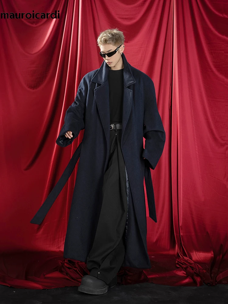 

Mauroicardi Autumn Winter Oversized Extra Long Warm Navy Blue Wool Blends Coat Men Loose Luxury Designer Woolen Overcoat 2024