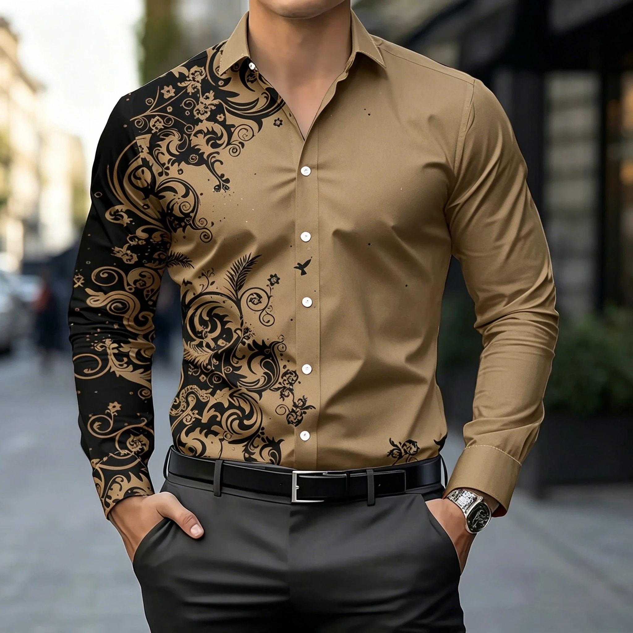 Retro Gothic Palace Flower Pattern Men's Two Color Contrast Long Sleeve Slim Muscle Party Dress Top