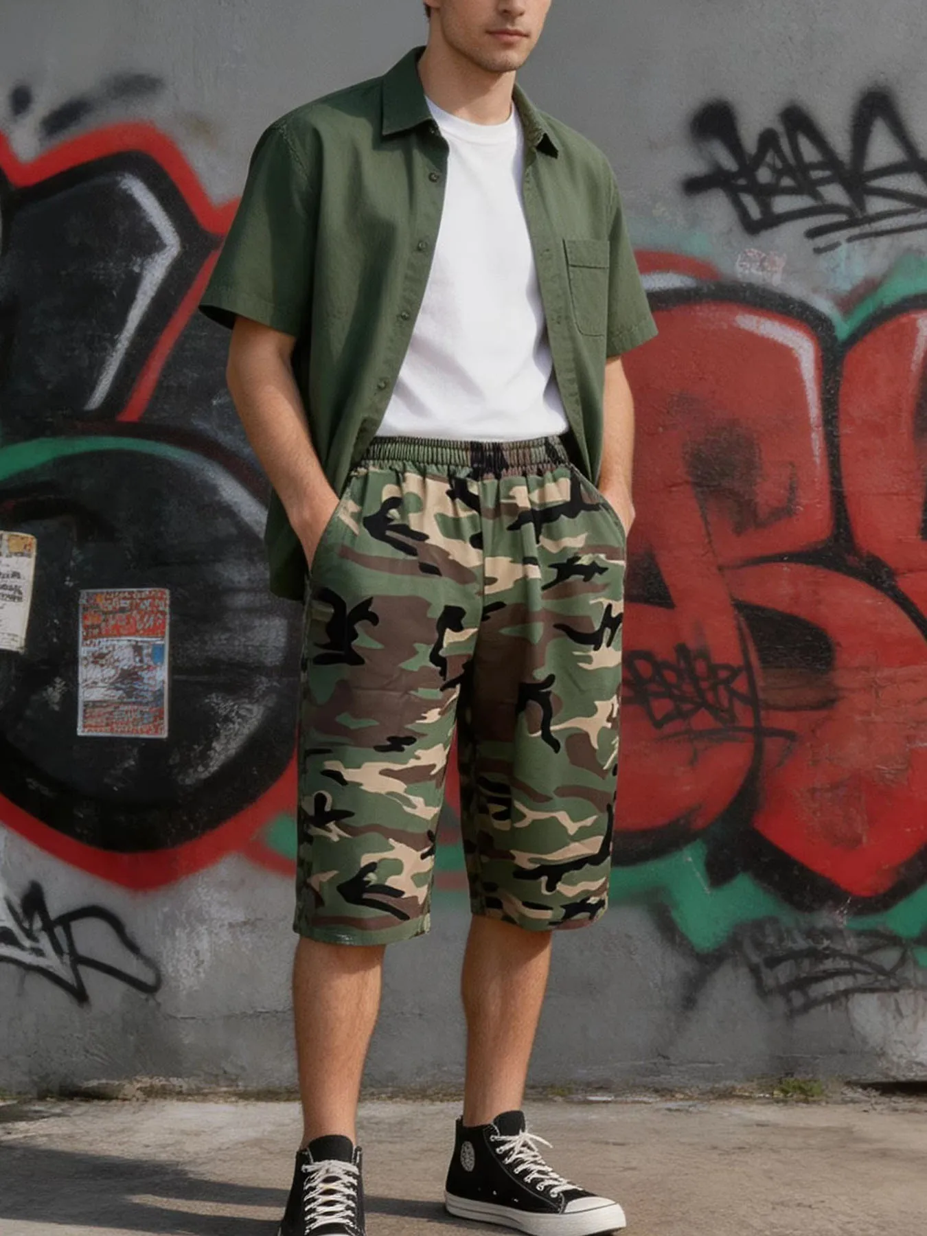 2026 Spring/Summer Season Y2K Fashion Leisure Retro Street Sports Loose Camouflage Solid Color Shorts Seven Cent Pants