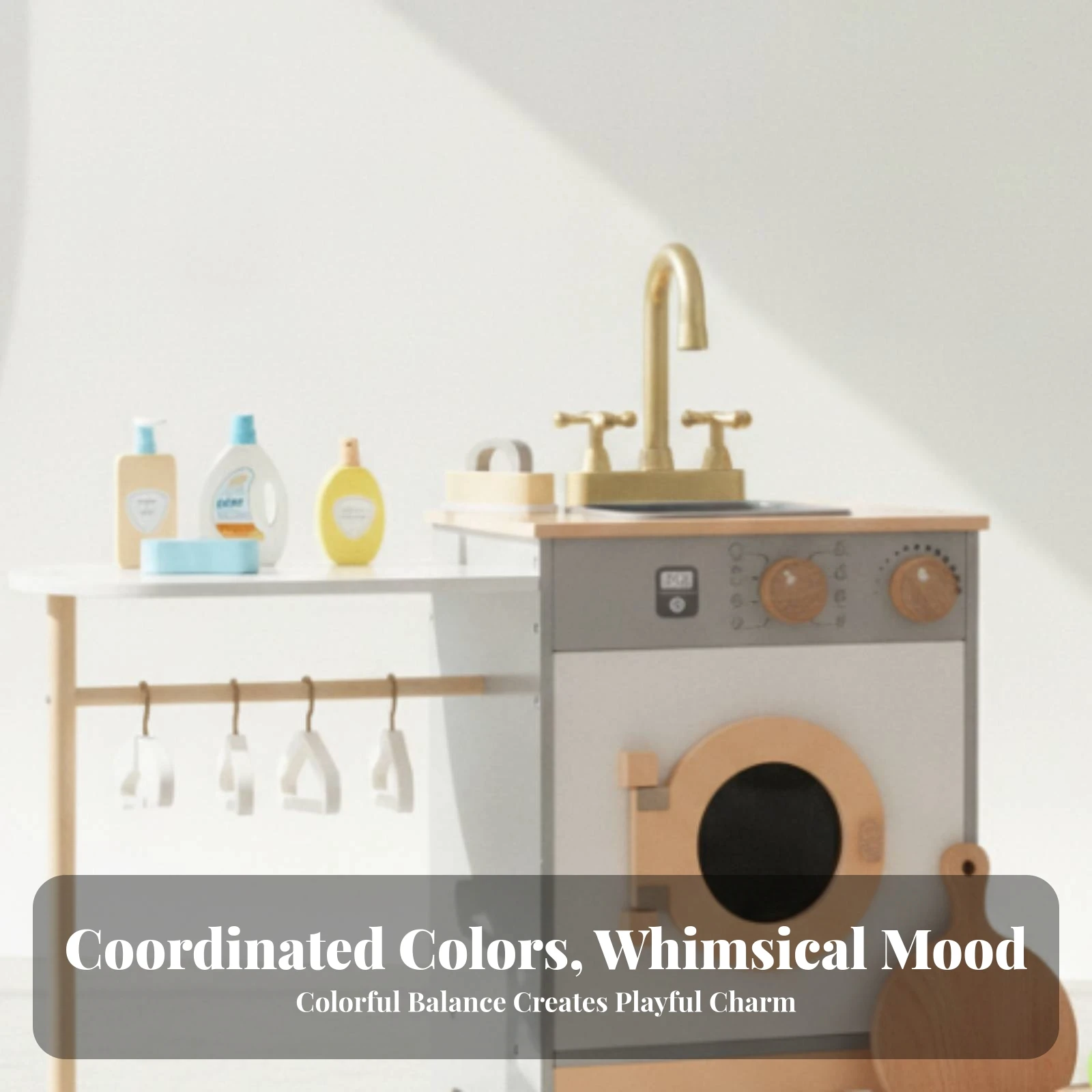 Wooden Laundry Set Front-Loading Wooden Washing Machine Childrens Role-Play Washer Gold-Tone Faucet Laundry Playset Hanging Rail