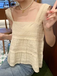 Jielur Summer New Solid Color Slim Women's Tank Sweet Lace Embroidery Tank Woman White Apricot Simple Chicly Tank Top Female