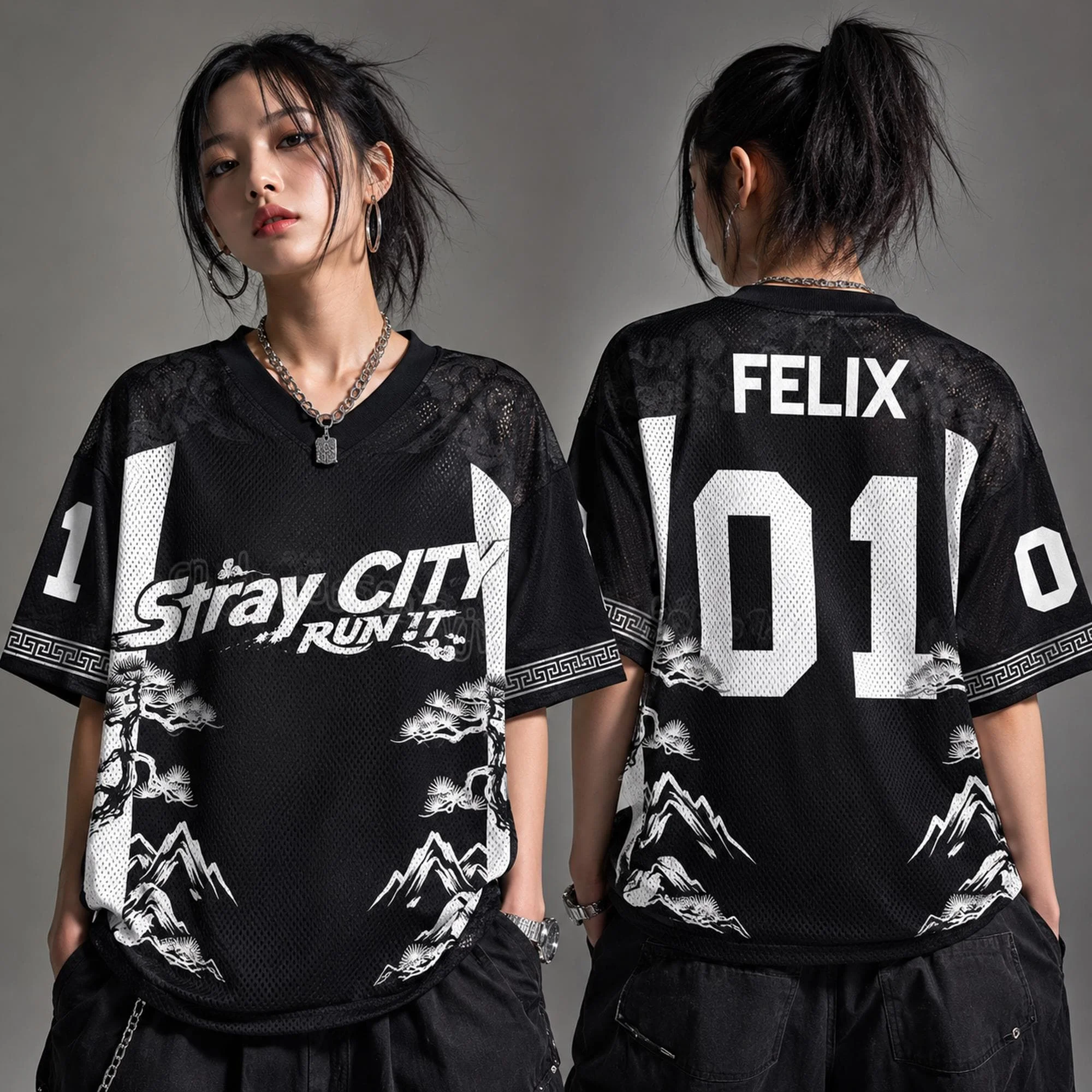 Stray City Felix 01 V Neck Sports Jersey Black Short Sleeve  Unisex Oversized Kpop Fan Streetwear Concert Quick Dry Casual Top