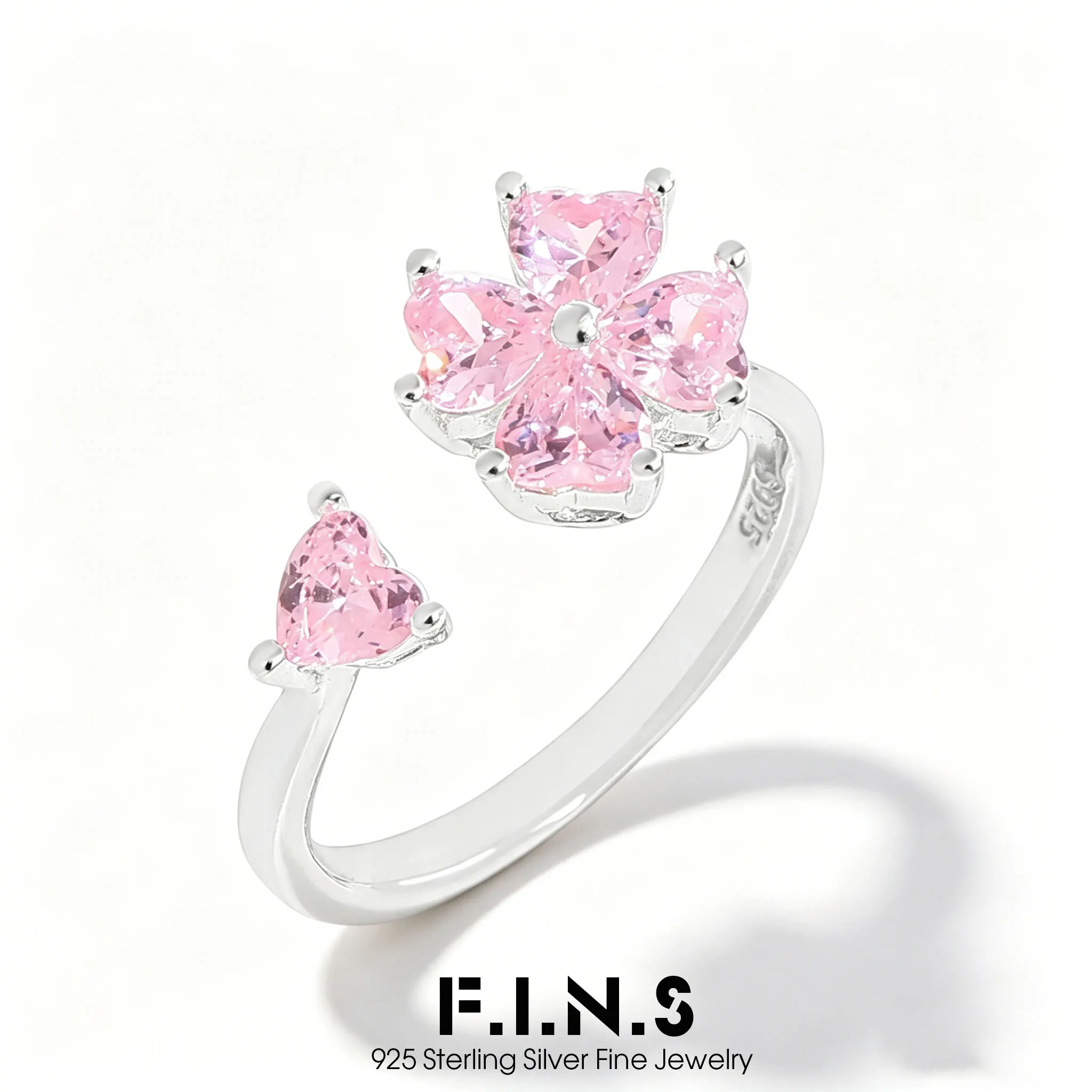 F.I.N.S Pink Heart-Shaped S925 Sterling Silver Ring for Women Luxury Four-Leaf Clover Open Adjustable Finger Fine Jewelry Gifts