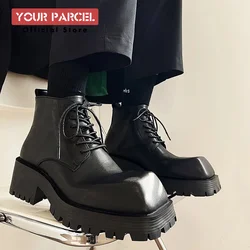 Original New Elevated High Top Leather Shoes for Men's Square Head Korean Classic Casual niche Design with Thick Sole Derby Shor