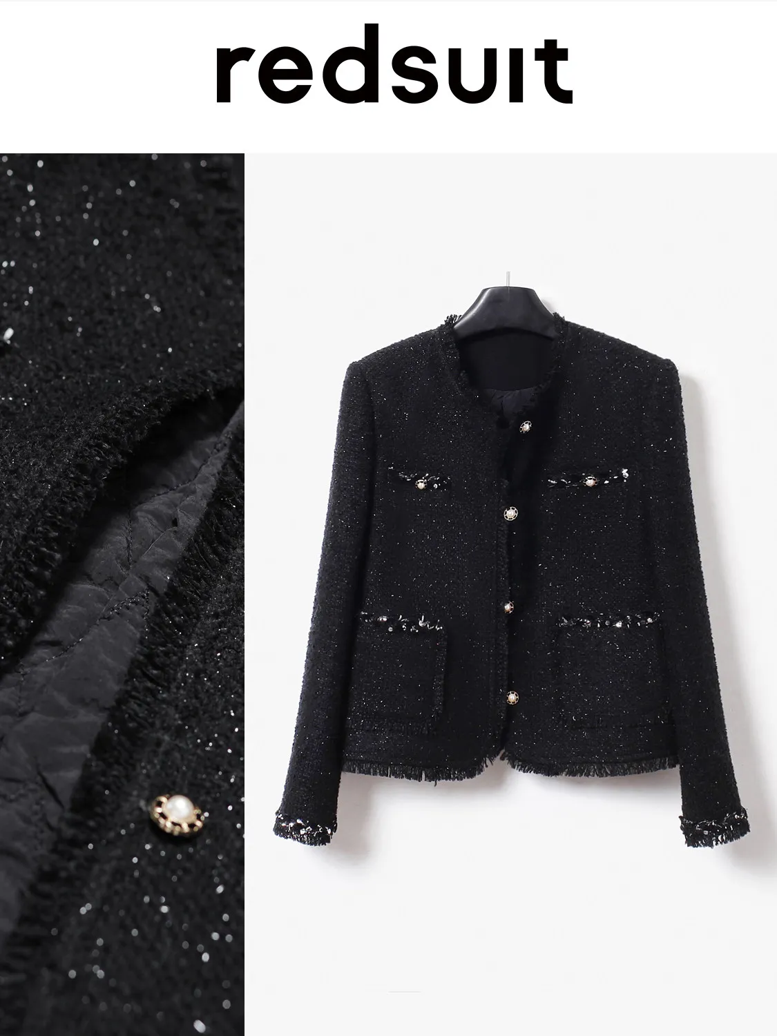 New Autumn winter cotton premium warm slimming black coarse tweed jacket exquisite tassel top Custom size